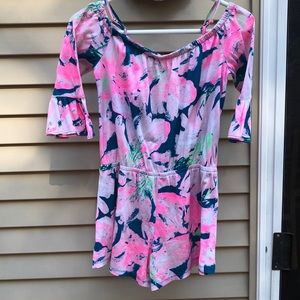 Girls Lilly Pulitzer romper off the shoulder size xl green and pink
